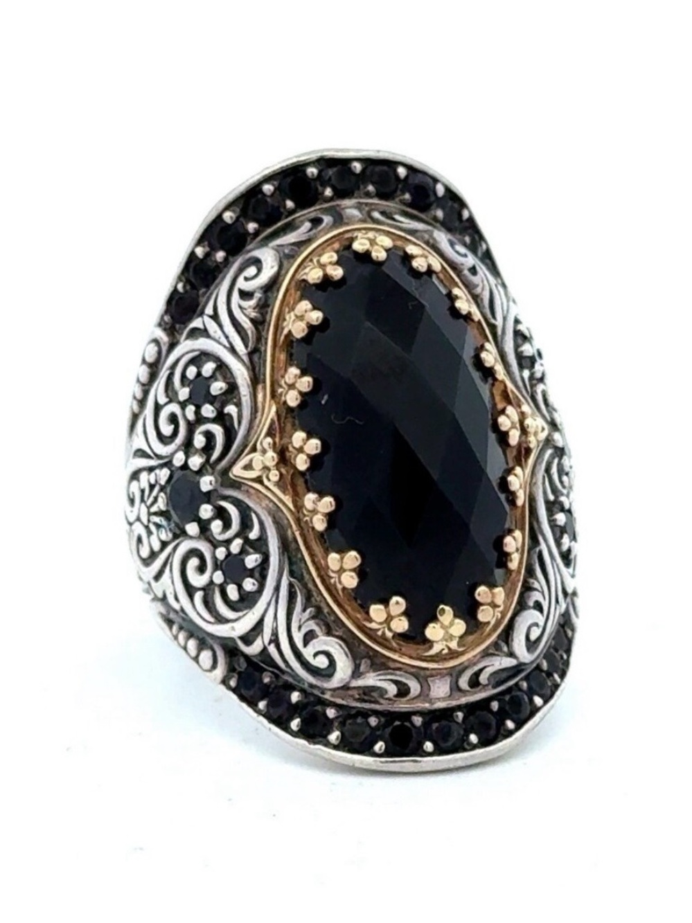 Konstantino Black and Sterling Silver Filigree Oval Ring with 14k Gold Accents